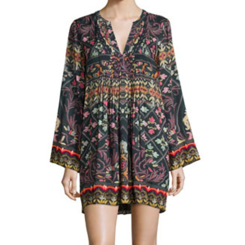 Hemant & Nandita Mini Dress Boho Embroidered Shawl Print Multicolor Size XS